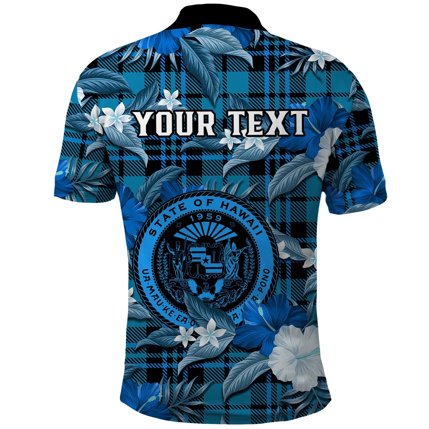 Custom Personalised Hawaii State Polo Shirt Tropical Flowers Mix Tartan Blue Version