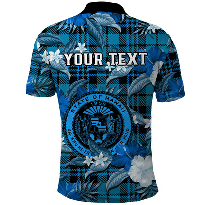 Custom Personalised Hawaii State Polo Shirt Tropical Flowers Mix Tartan Blue Version