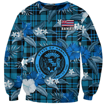 Custom Personalised Hawaii State Sweatshirt Tropical Flowers Mix Tartan Blue Version