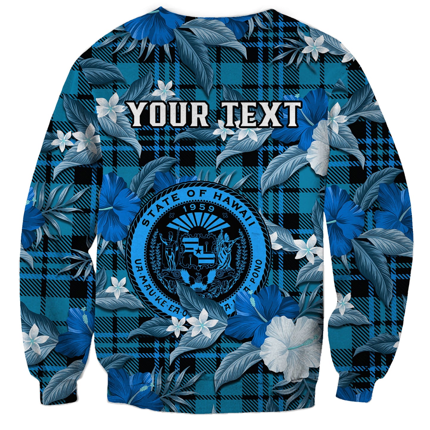 Custom Personalised Hawaii State Sweatshirt Tropical Flowers Mix Tartan Blue Version