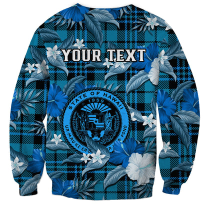 Custom Personalised Hawaii State Sweatshirt Tropical Flowers Mix Tartan Blue Version