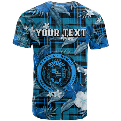(Custom Personalised) Hawaii State T Shirt Tropical Flowers Mix Tartan Blue Version