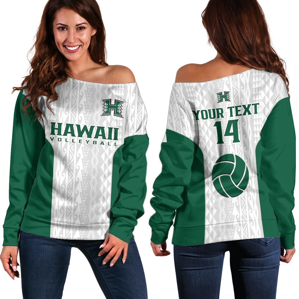 (Custom Text And Number) Hawaii Volleyball Off Shoulder Sweater Hawaiian Kakau White Style