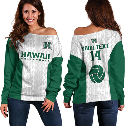 (Custom Text And Number) Hawaii Volleyball Off Shoulder Sweater Hawaiian Kakau White Style