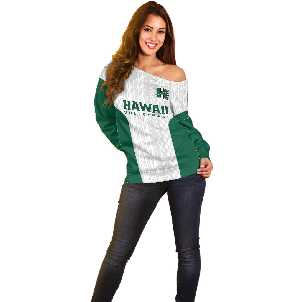 (Custom Text And Number) Hawaii Volleyball Off Shoulder Sweater Hawaiian Kakau White Style