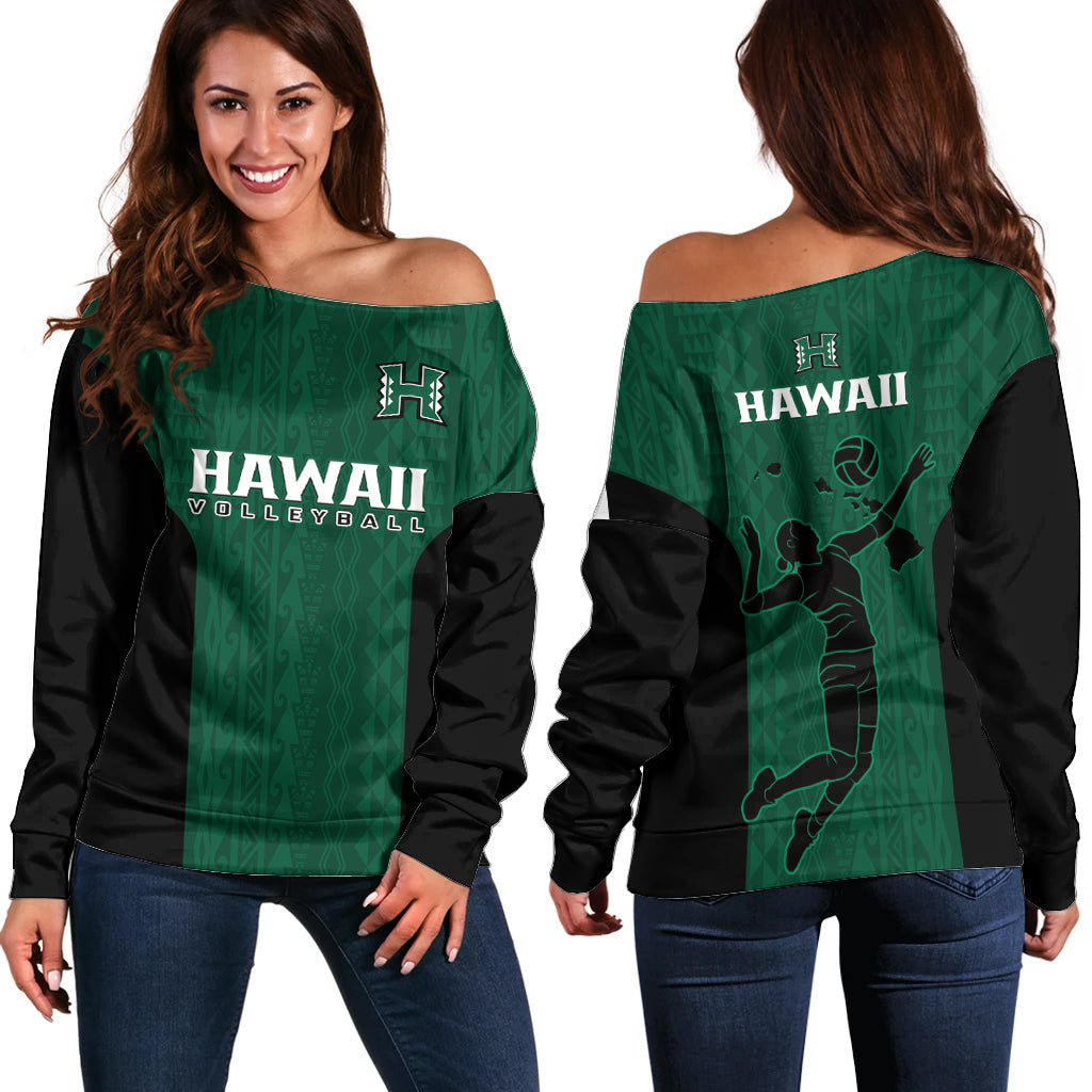 Hawaii Volleyball Off Shoulder Sweater Hawaiian Kakau Green Style