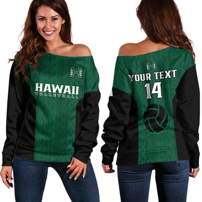 (Custom Text And Number) Hawaii Volleyball Off Shoulder Sweater Hawaiian Kakau Green Style