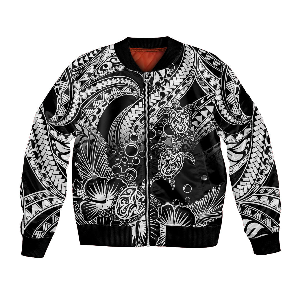 Personalised Polynesian Bomber Jacket Tribal Honu Turtle with Hibiscus White Version