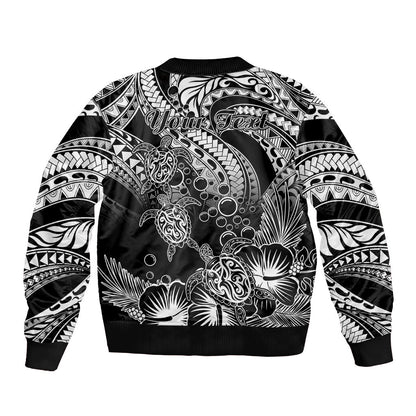 Personalised Polynesian Bomber Jacket Tribal Honu Turtle with Hibiscus White Version