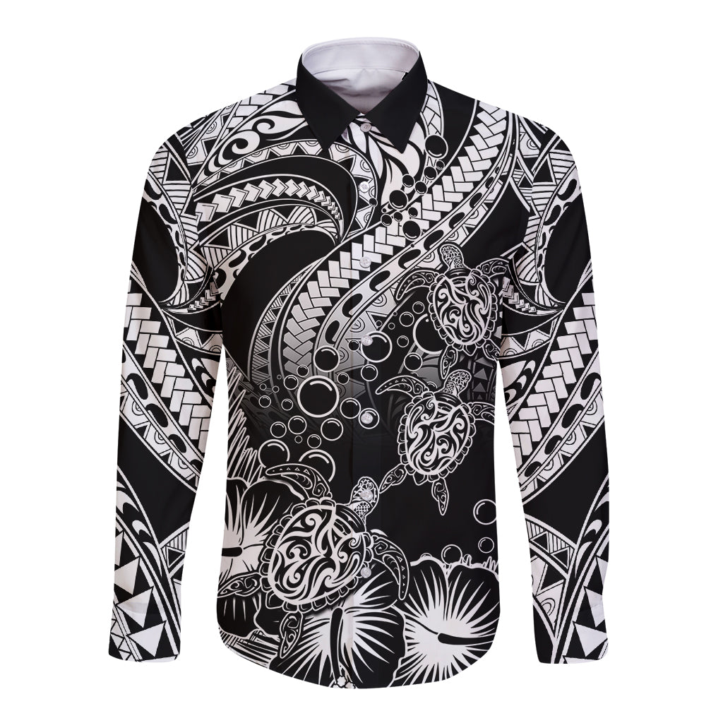 Personalised Polynesian Long Sleeve Button Shirt Tribal Honu Turtle with Hibiscus White Version