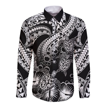 Personalised Polynesian Long Sleeve Button Shirt Tribal Honu Turtle with Hibiscus White Version