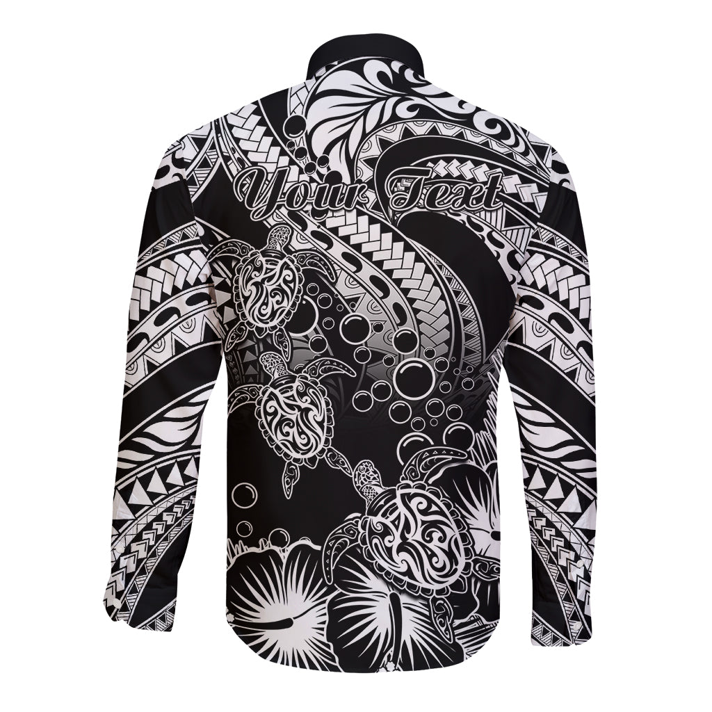 Personalised Polynesian Long Sleeve Button Shirt Tribal Honu Turtle with Hibiscus White Version