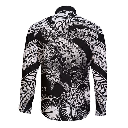 Personalised Polynesian Long Sleeve Button Shirt Tribal Honu Turtle with Hibiscus White Version
