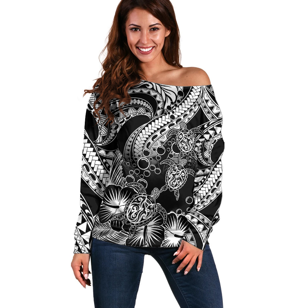 Personalised Polynesian Off Shoulder Sweater Tribal Honu Turtle with Hibiscus White Version