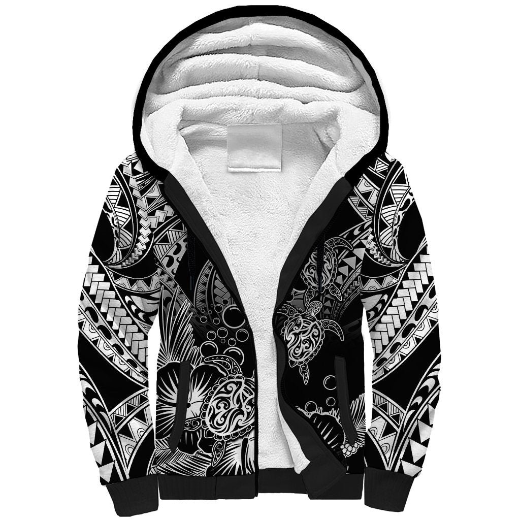 Personalised Polynesian Sherpa Hoodie Tribal Honu Turtle with Hibiscus White Version