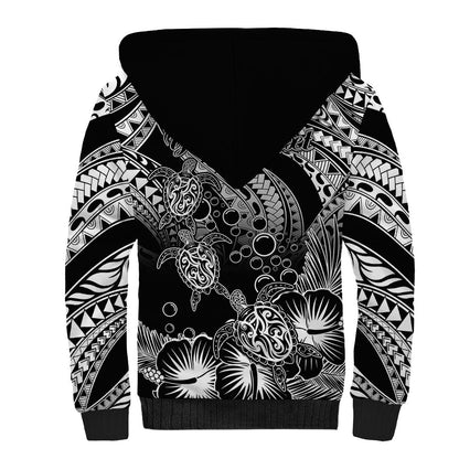 Personalised Polynesian Sherpa Hoodie Tribal Honu Turtle with Hibiscus White Version