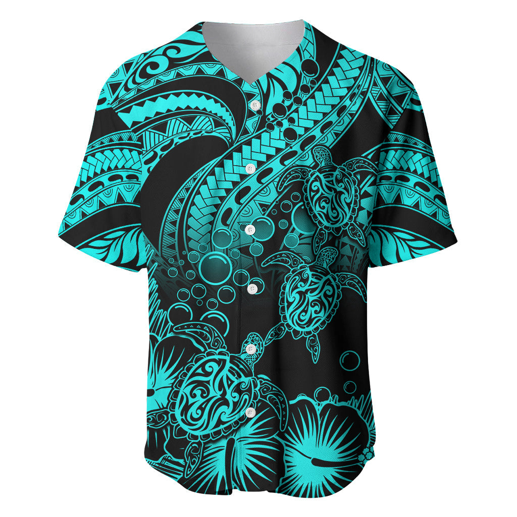 Personalised Polynesian Baseball Jersey Tribal Honu Turtle with Hibiscus Turquoise Version