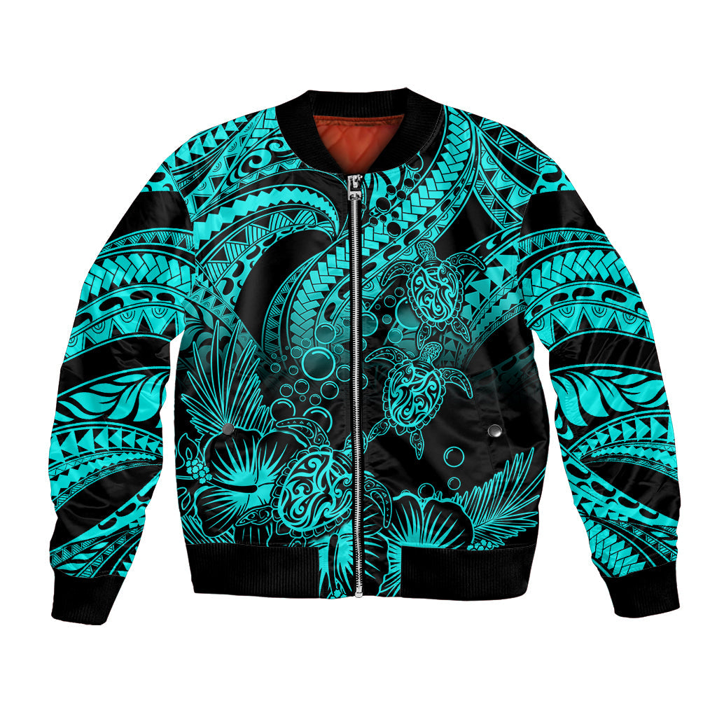 Personalised Polynesian Bomber Jacket Tribal Honu Turtle with Hibiscus Turquoise Version