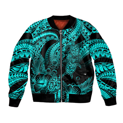 Personalised Polynesian Bomber Jacket Tribal Honu Turtle with Hibiscus Turquoise Version
