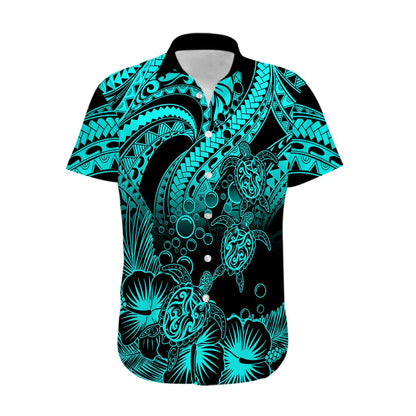 Personalised Polynesian Hawaiian Shirt Tribal Honu Turtle with Hibiscus Turquoise Version