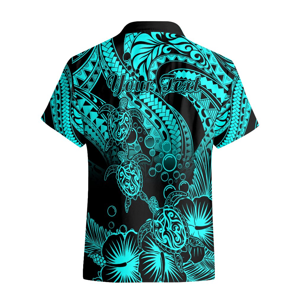 Personalised Polynesian Hawaiian Shirt Tribal Honu Turtle with Hibiscus Turquoise Version