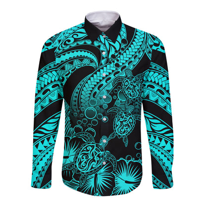 Personalised Polynesian Long Sleeve Button Shirt Tribal Honu Turtle with Hibiscus Turquoise Version