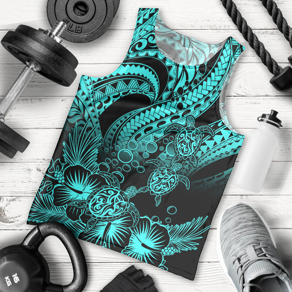 Personalised Polynesian Men Tank Top Tribal Honu Turtle with Hibiscus Turquoise Version