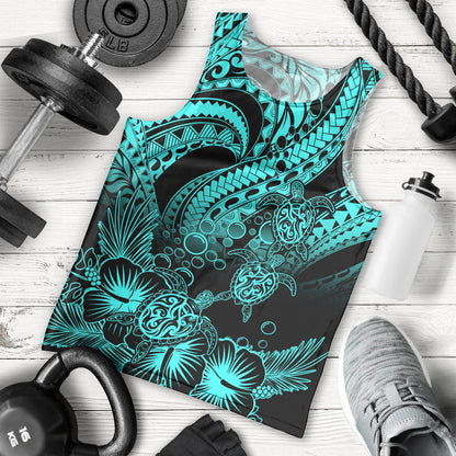 Personalised Polynesian Men Tank Top Tribal Honu Turtle with Hibiscus Turquoise Version