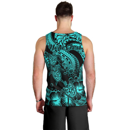 Personalised Polynesian Men Tank Top Tribal Honu Turtle with Hibiscus Turquoise Version