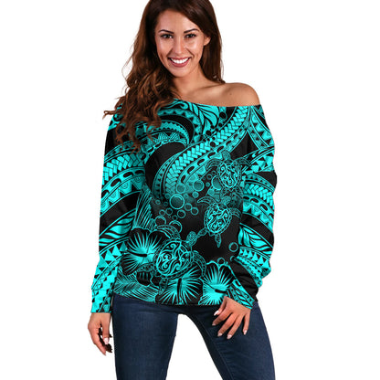 Personalised Polynesian Off Shoulder Sweater Tribal Honu Turtle with Hibiscus Turquoise Version
