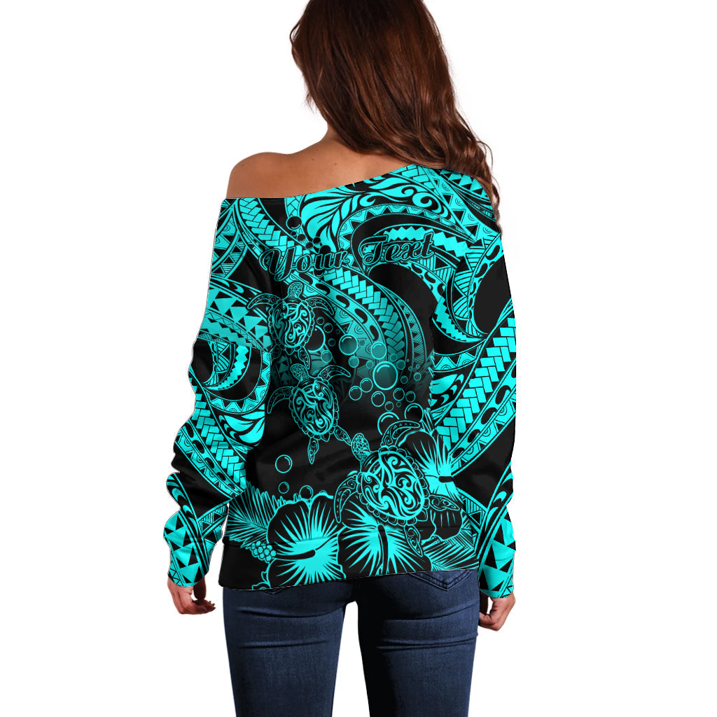Personalised Polynesian Off Shoulder Sweater Tribal Honu Turtle with Hibiscus Turquoise Version