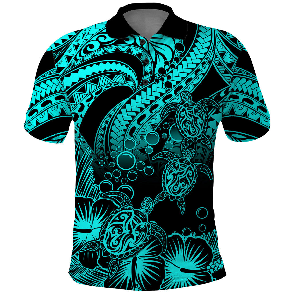 Personalised Polynesian Polo Shirt Tribal Honu Turtle with Hibiscus Turquoise Version