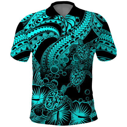 Personalised Polynesian Polo Shirt Tribal Honu Turtle with Hibiscus Turquoise Version