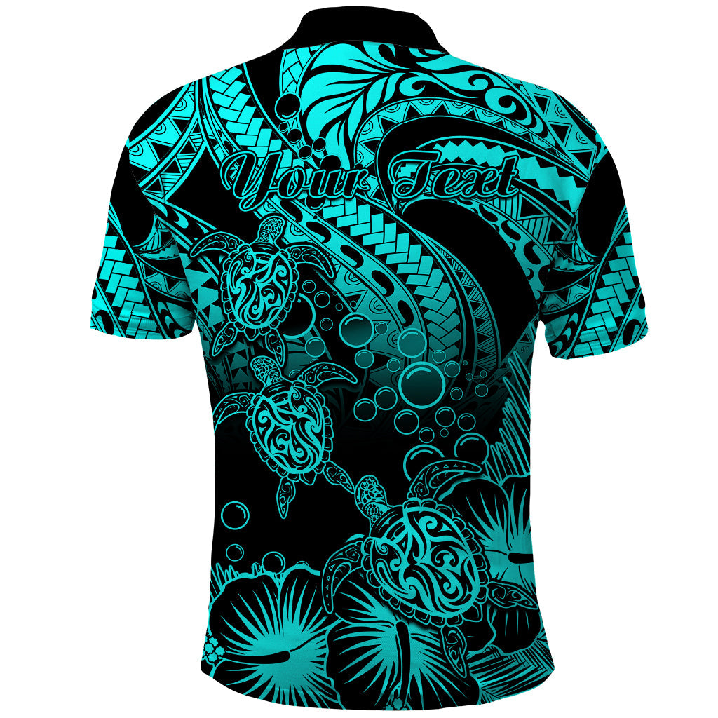 Personalised Polynesian Polo Shirt Tribal Honu Turtle with Hibiscus Turquoise Version