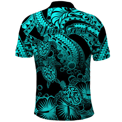 Personalised Polynesian Polo Shirt Tribal Honu Turtle with Hibiscus Turquoise Version
