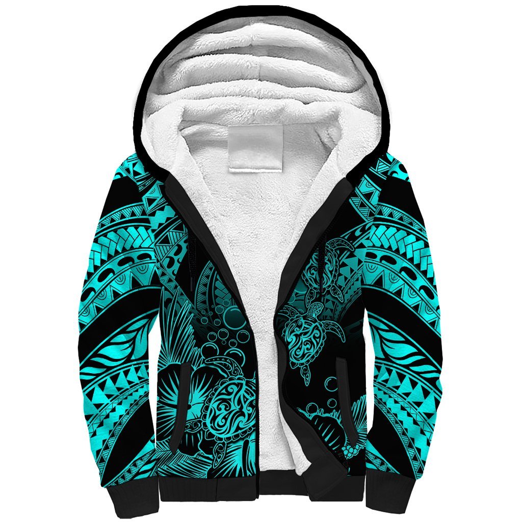 Personalised Polynesian Sherpa Hoodie Tribal Honu Turtle with Hibiscus Turquoise Version