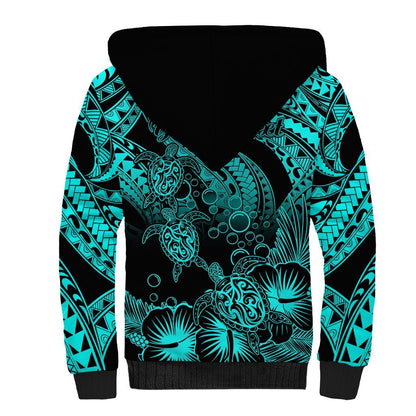 Personalised Polynesian Sherpa Hoodie Tribal Honu Turtle with Hibiscus Turquoise Version