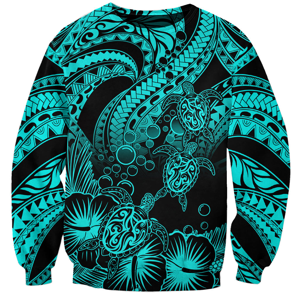 Personalised Polynesian Sweatshirt Tribal Honu Turtle with Hibiscus Turquoise Version