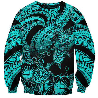 Personalised Polynesian Sweatshirt Tribal Honu Turtle with Hibiscus Turquoise Version
