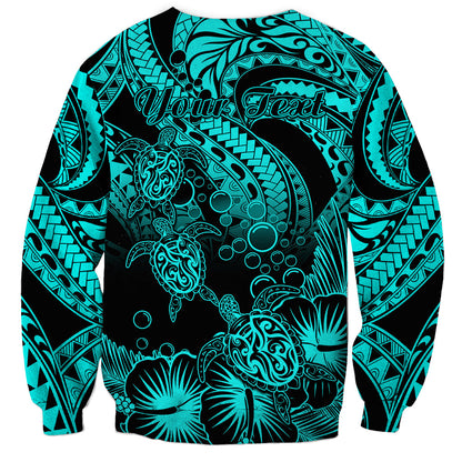 Personalised Polynesian Sweatshirt Tribal Honu Turtle with Hibiscus Turquoise Version