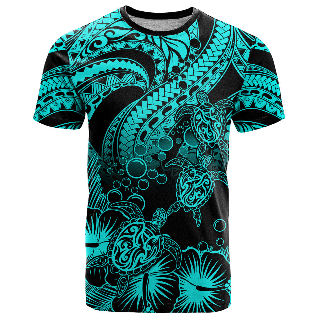 Personalised Polynesian T Shirt Tribal Honu Turtle with Hibiscus Turquoise Version