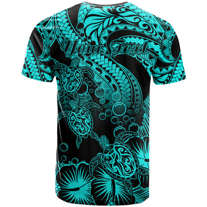 Personalised Polynesian T Shirt Tribal Honu Turtle with Hibiscus Turquoise Version
