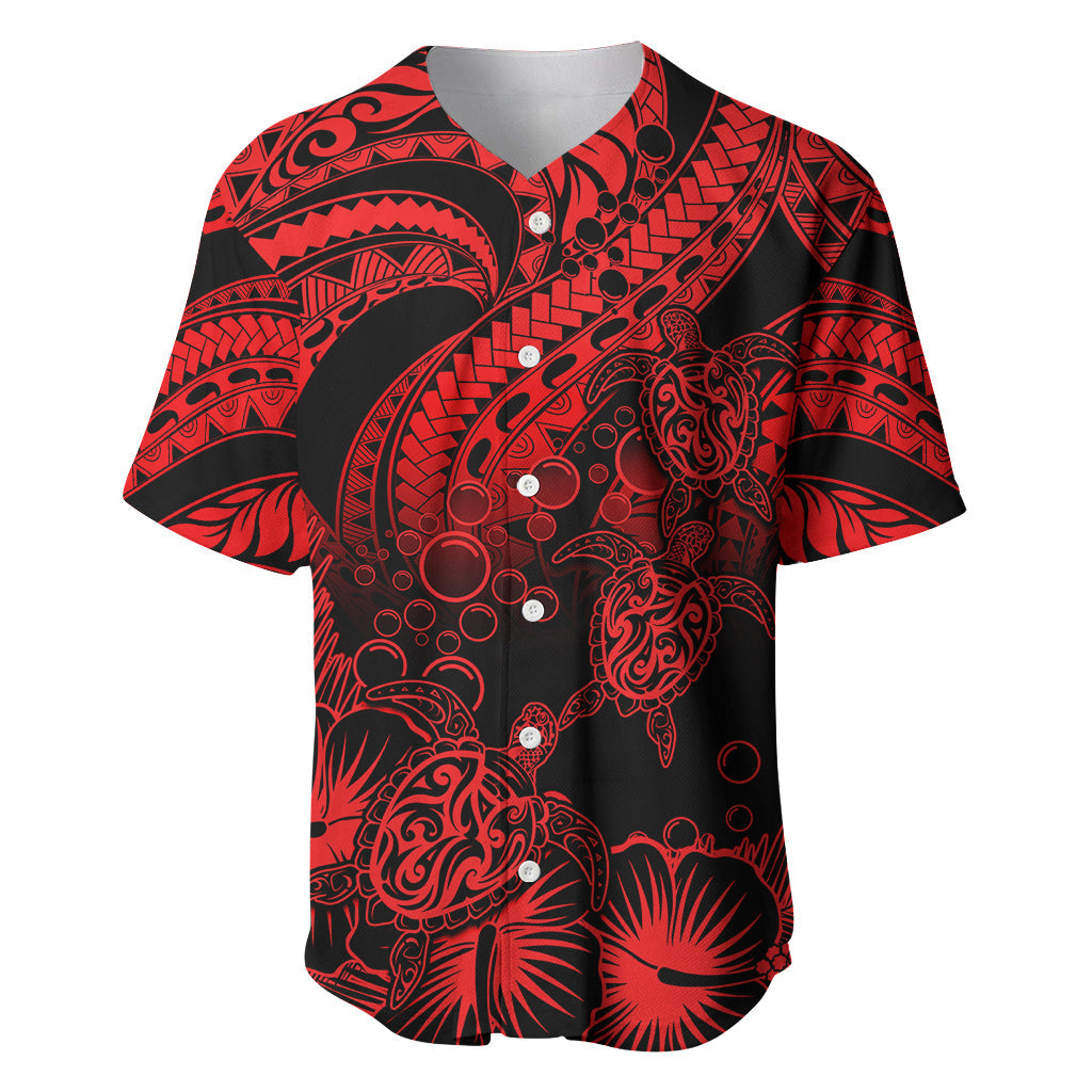 Personalised Polynesian Baseball Jersey Tribal Honu Turtle with Hibiscus Red Version