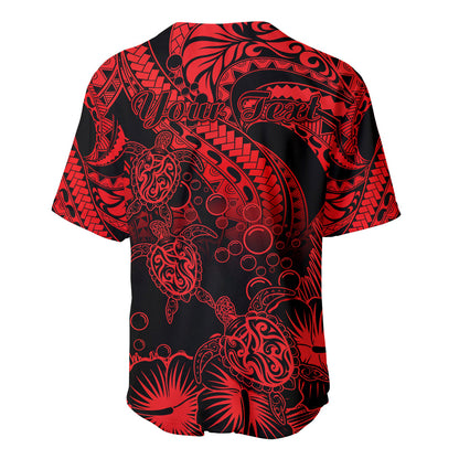 Personalised Polynesian Baseball Jersey Tribal Honu Turtle with Hibiscus Red Version