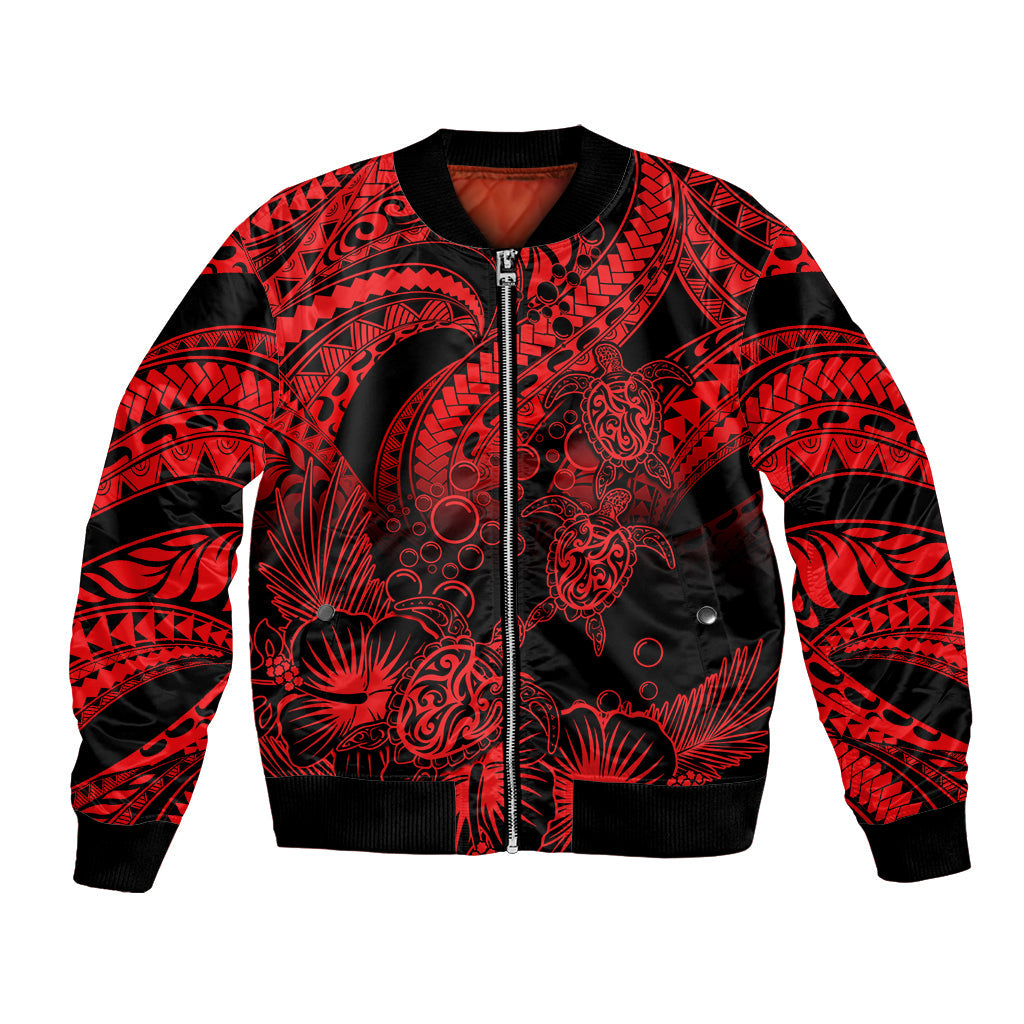 Personalised Polynesian Bomber Jacket Tribal Honu Turtle with Hibiscus Red Version