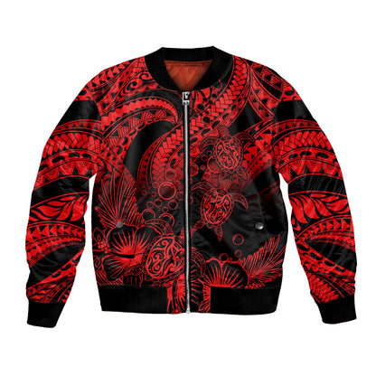 Personalised Polynesian Bomber Jacket Tribal Honu Turtle with Hibiscus Red Version