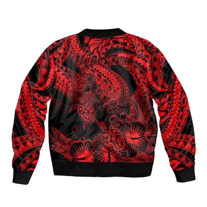 Personalised Polynesian Bomber Jacket Tribal Honu Turtle with Hibiscus Red Version