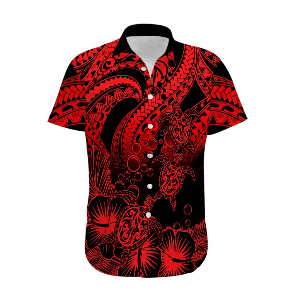 Personalised Polynesian Hawaiian Shirt Tribal Honu Turtle with Hibiscus Red Version