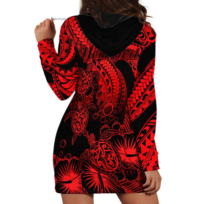 Personalised Polynesian Hoodie Dress Tribal Honu Turtle with Hibiscus Red Version