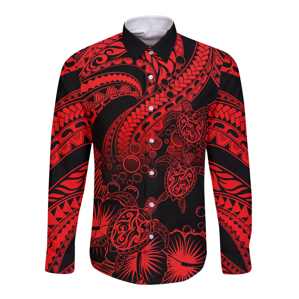 Personalised Polynesian Long Sleeve Button Shirt Tribal Honu Turtle with Hibiscus Red Version